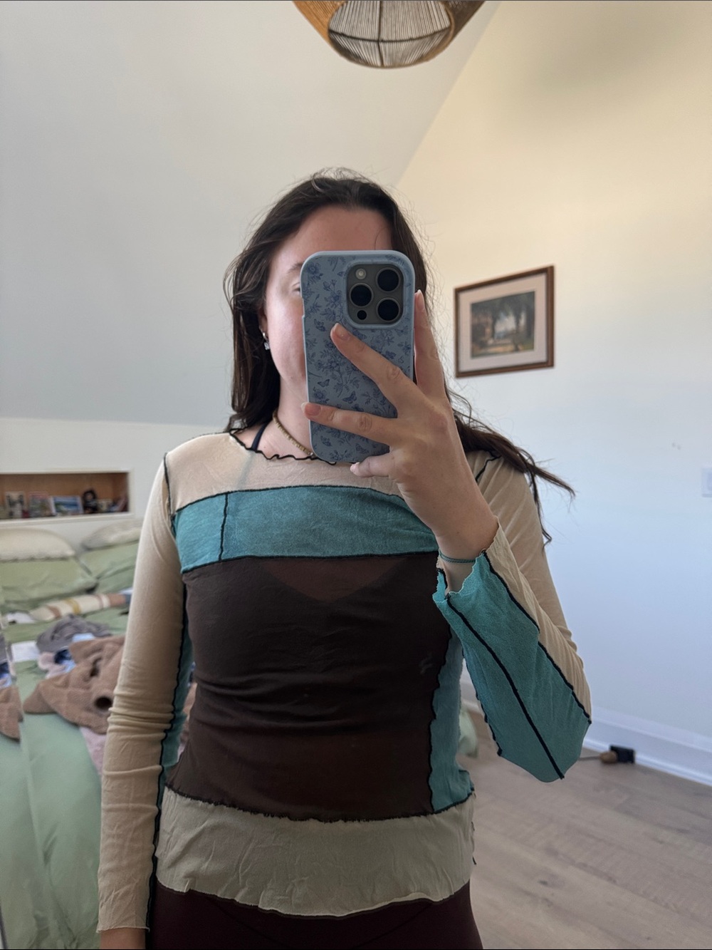 Sheer Colorblock Long-Sleeve Top in Teal, Brown & Cream